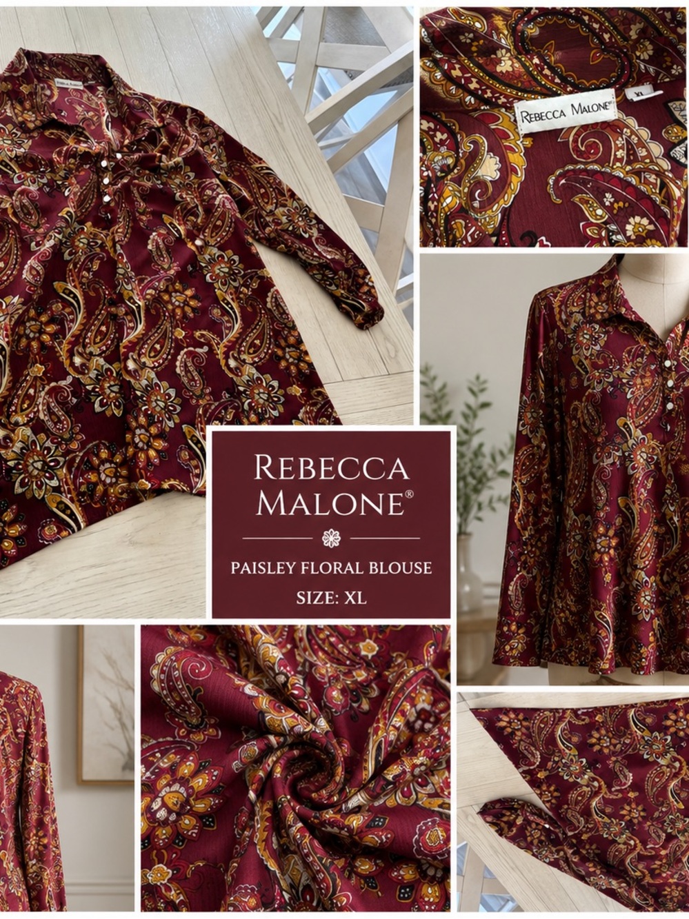 Rebecca Malone Burgundy Paisley Floral Button-Front Blouse
